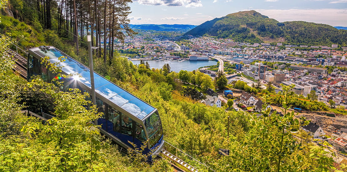 The funicular travelling up Mount Floyen with a view over Bergen, Norway